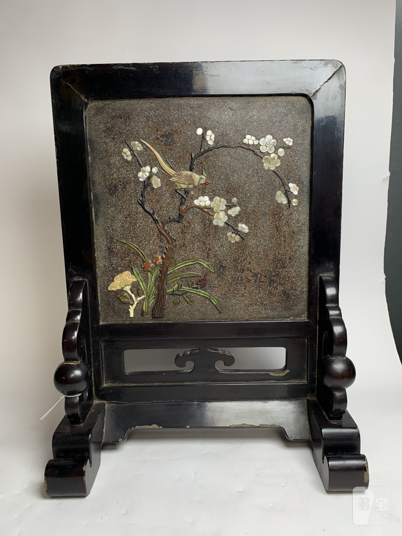 清 黑漆洒螺钿百宝嵌花鸟纹插屏 - 图3